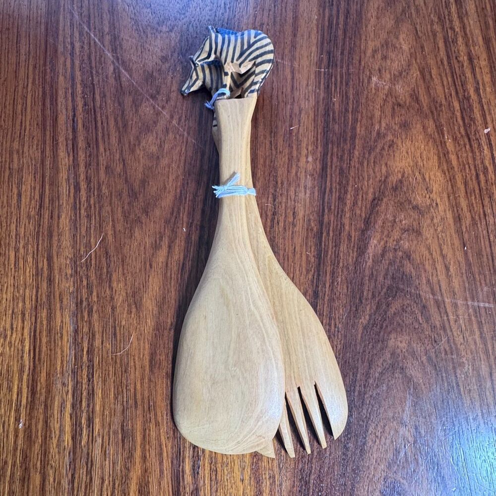 Vintage Hand Carved African Zebra Wooden Salad Spoon & Fork Serving Set NOS - Picture 3 of 6